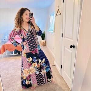 Johnny Was Floral Printed Wrap Long Sleeve Maxi Dress Small